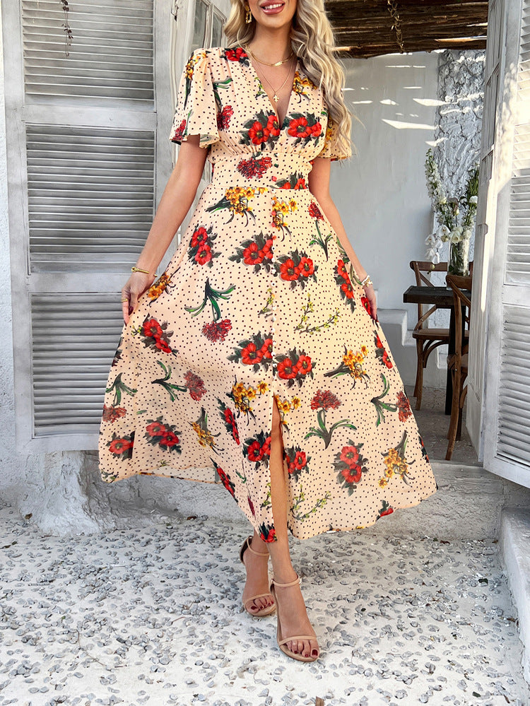 Cali | Floral Polka Dot V-Neck Maxi Dress