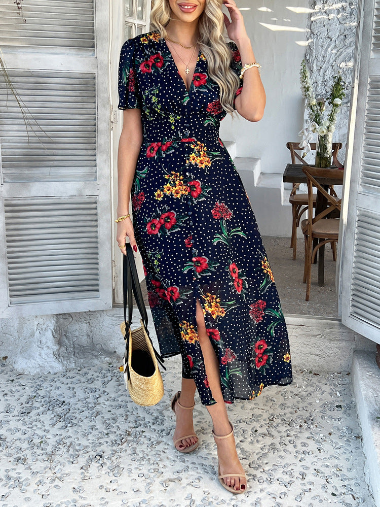 Cali | Floral Polka Dot V-Neck Maxi Dress