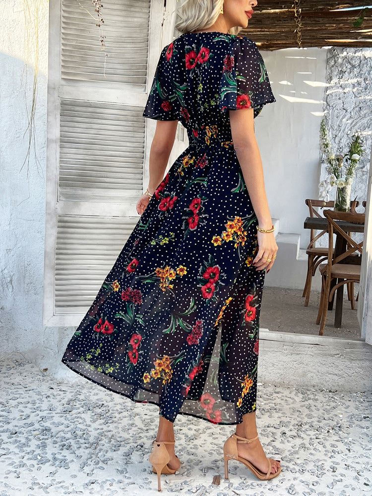 Cali | Floral Polka Dot V-Neck Maxi Dress