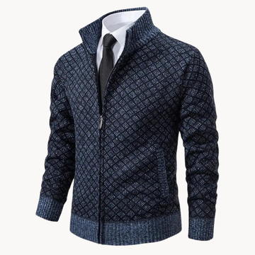 Classic Full Zip Jacquard Patterned Wool Cardigan for Men