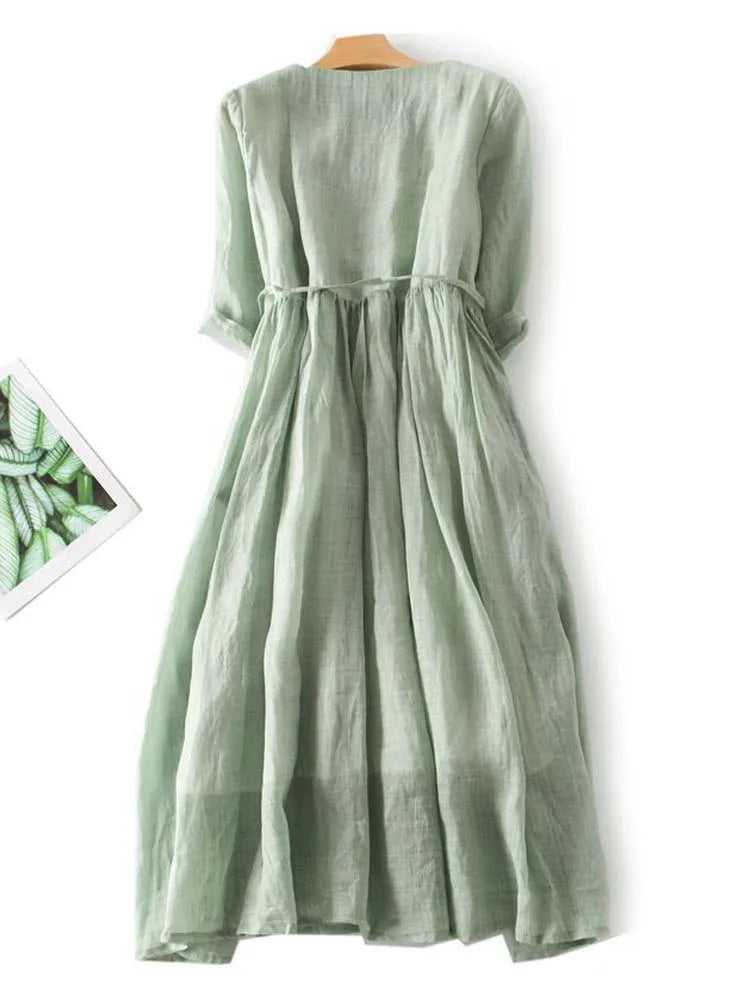 Arya | Women's Art Retro Round Neck Lace Up Waist Dress