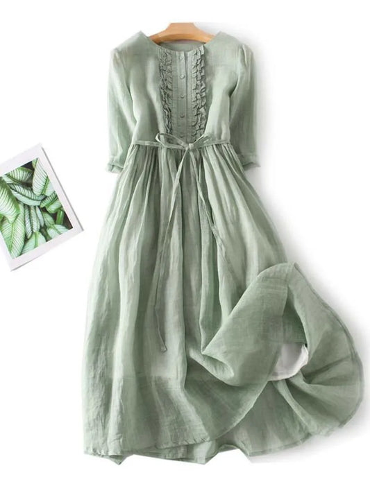 Arya | Women's Art Retro Round Neck Lace Up Waist Dress
