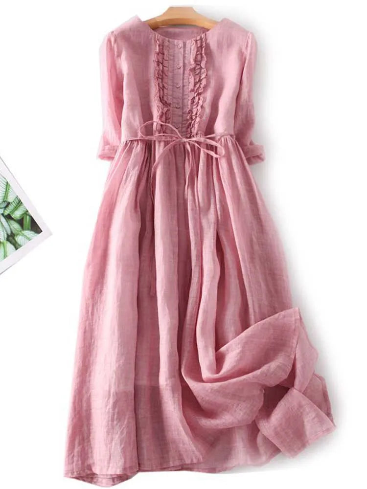 Arya | Women's Art Retro Round Neck Lace Up Waist Dress