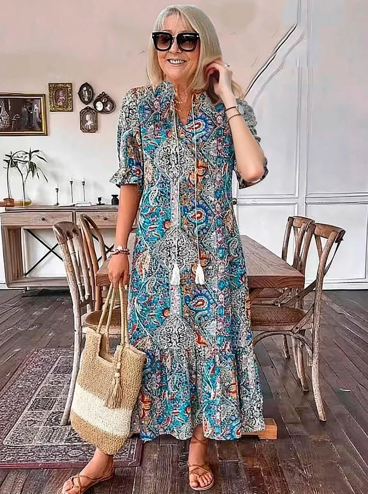 Carolette | Boho Drawstring Neck Maxi Dress