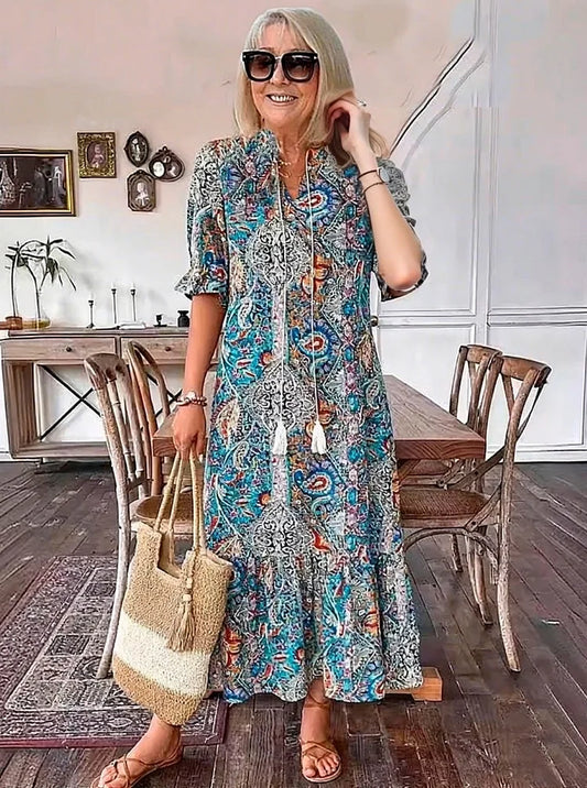 Carolette | Boho Drawstring Neck Maxi Dress