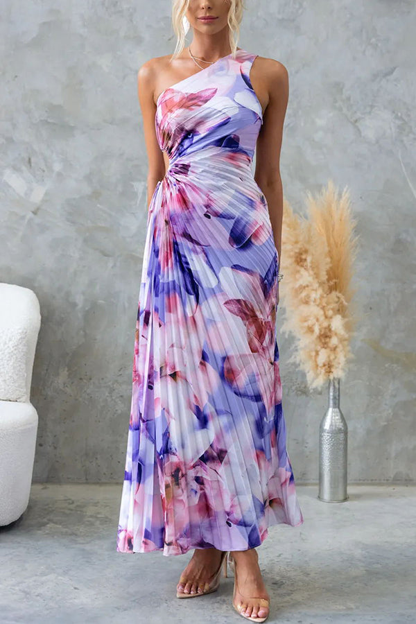 Deja | Floral Pattern One-Shoulder Pleated Maxi Dress