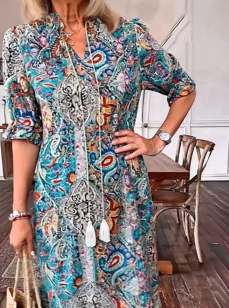 Mevelyn | Bohemian Paisley Tassel Tie Dress