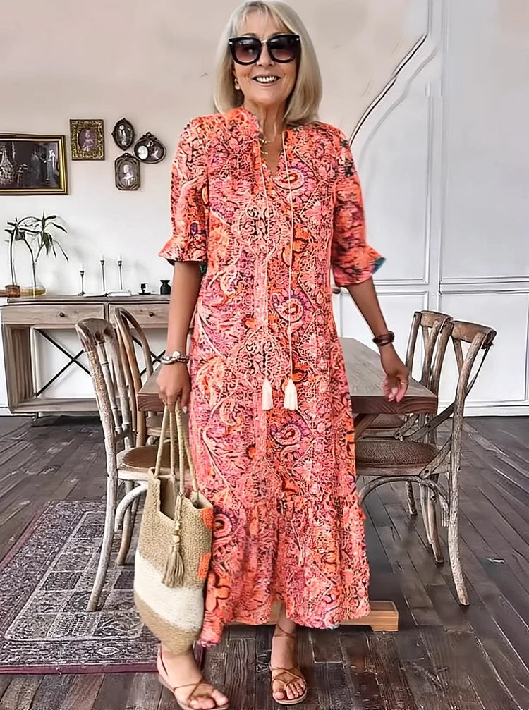 Carolette | Boho Drawstring Neck Maxi Dress