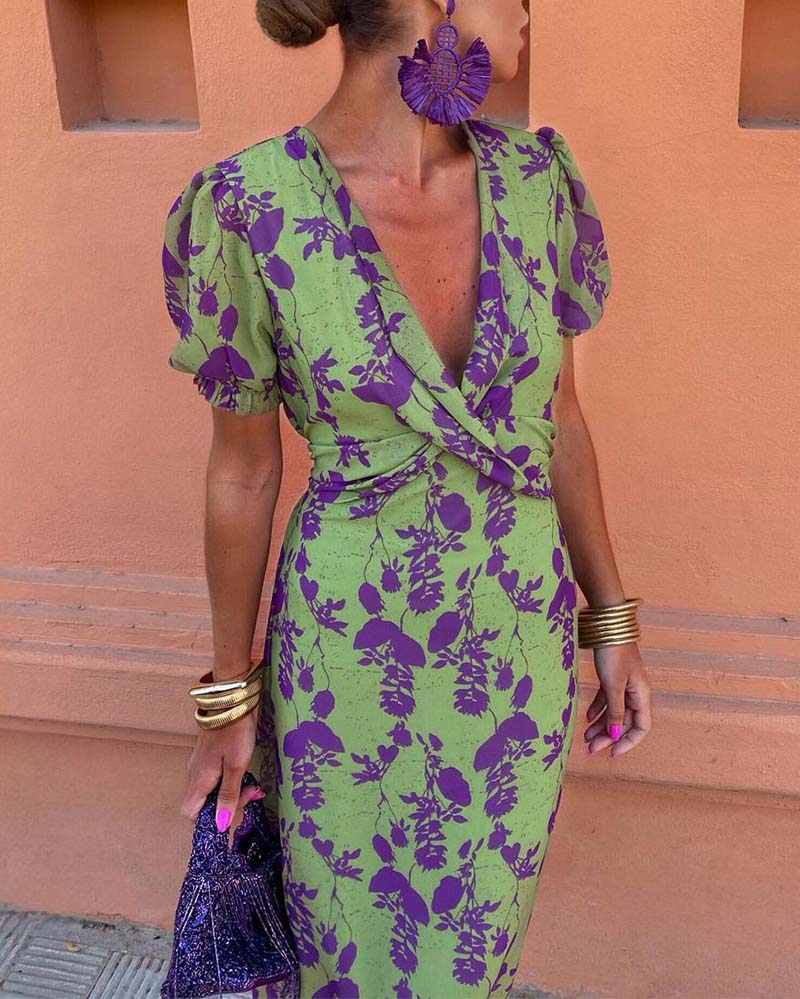 Isla | Elegant Deep V-Neck Leaf Print Dress