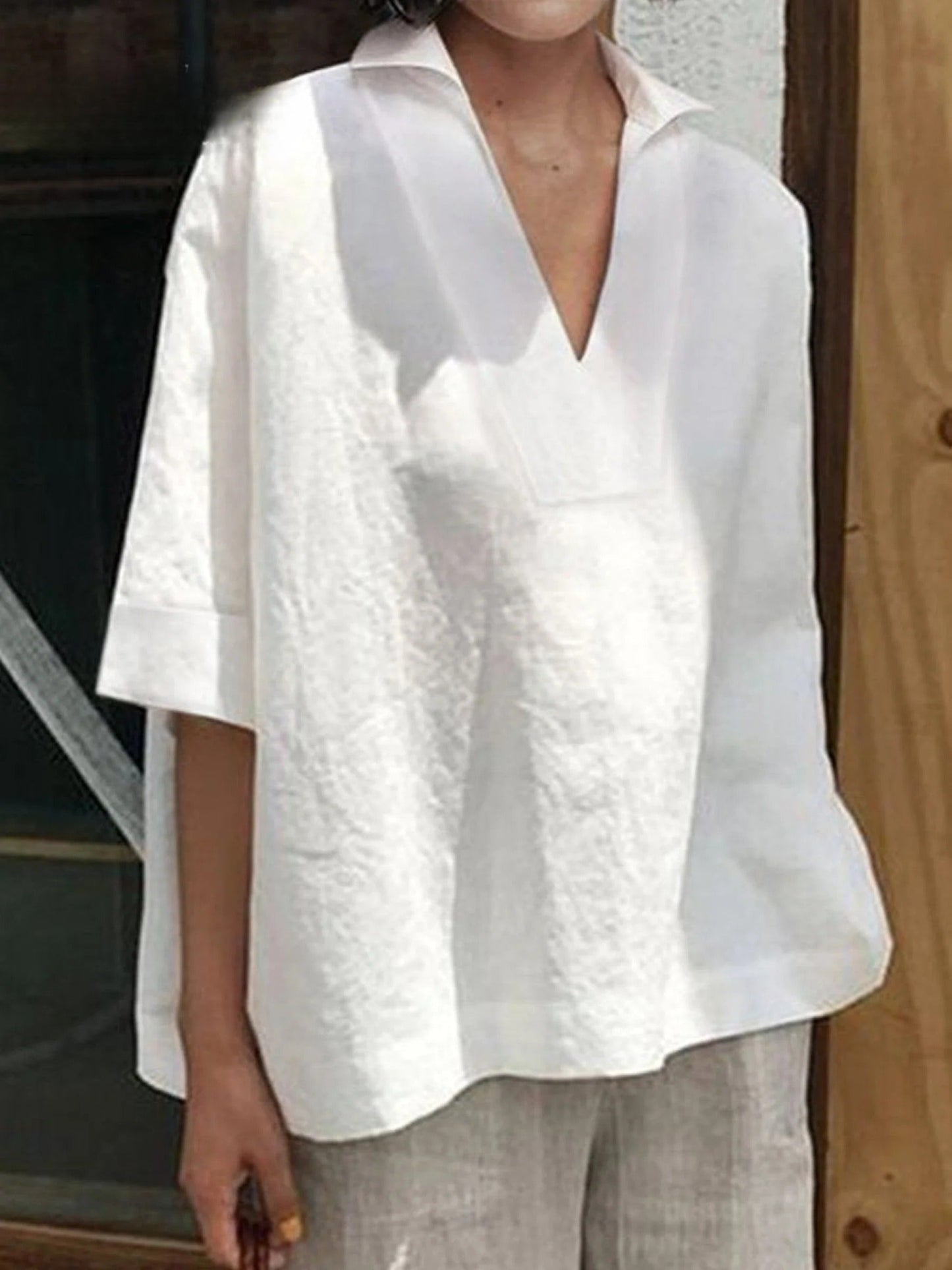 Verena | Solid V-Neck Loose Mid-Sleeve Shirt
