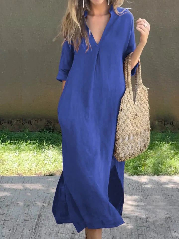 Ishael | Solid V-Neck Long Loose Fit Dress