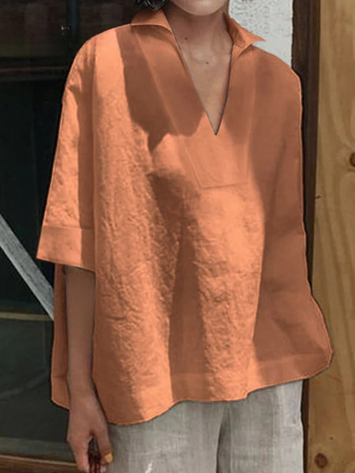 Verena | Solid V-Neck Loose Mid-Sleeve Shirt