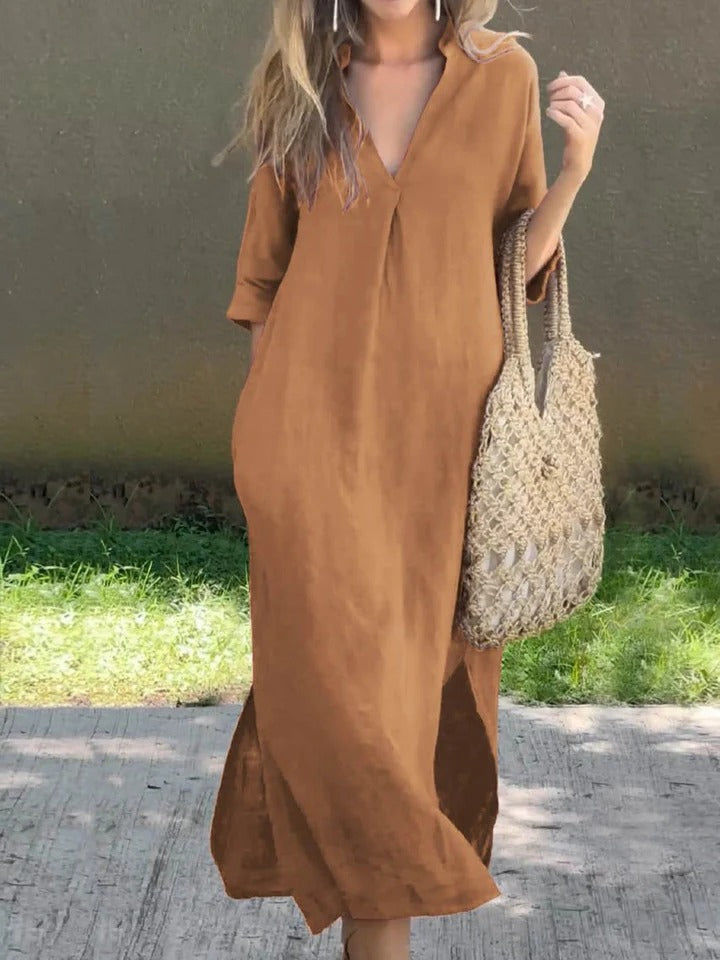 Ishael | Solid V-Neck Long Loose Fit Dress