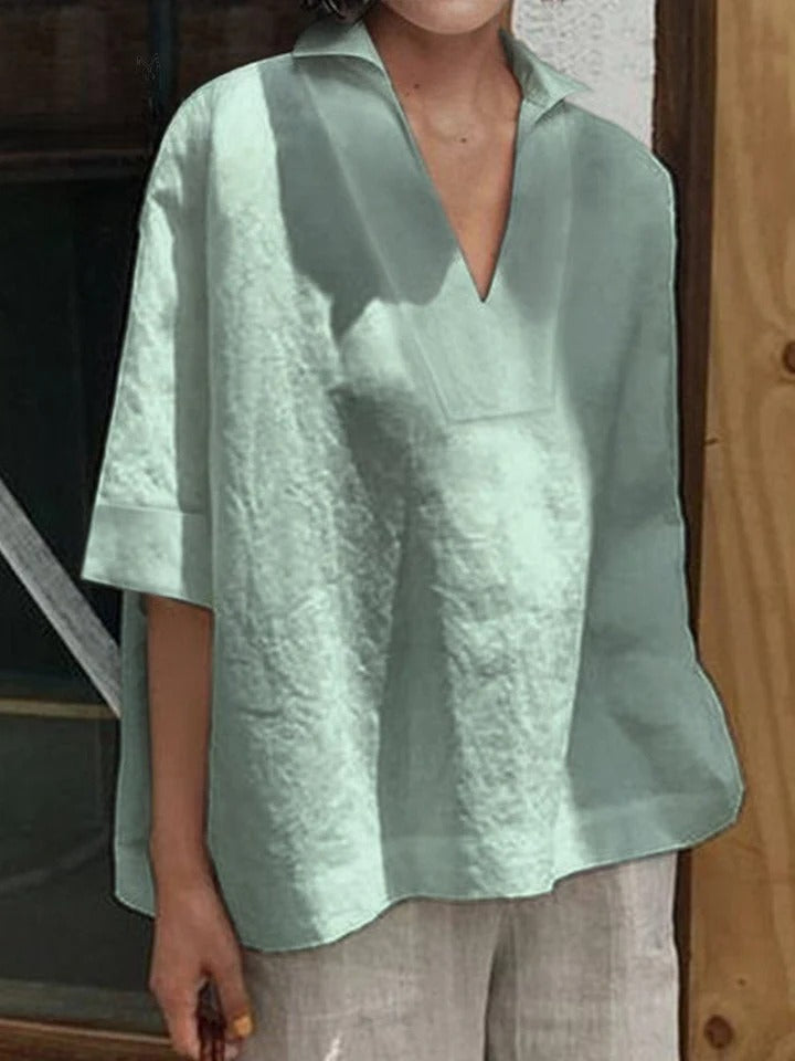 Verena | Solid V-Neck Loose Mid-Sleeve Shirt