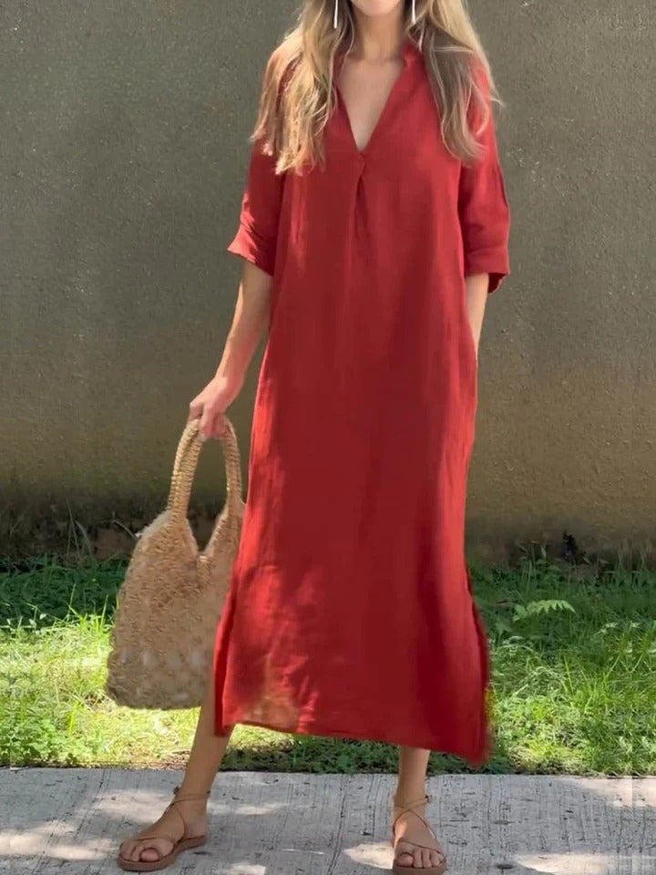 Ishael | Solid V-Neck Long Loose Fit Dress