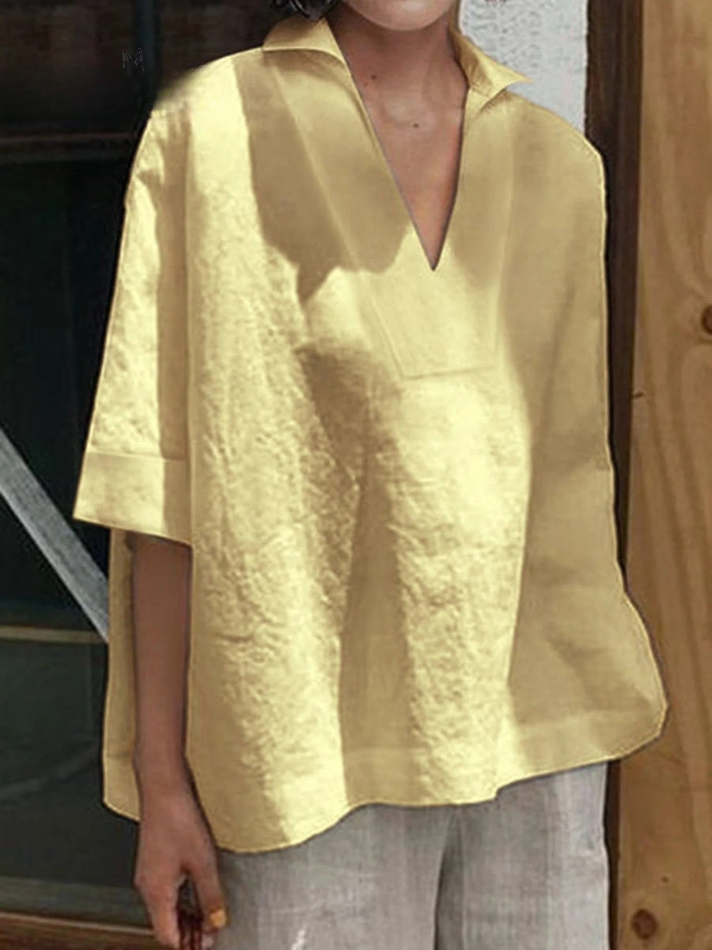 Verena | Solid V-Neck Loose Mid-Sleeve Shirt