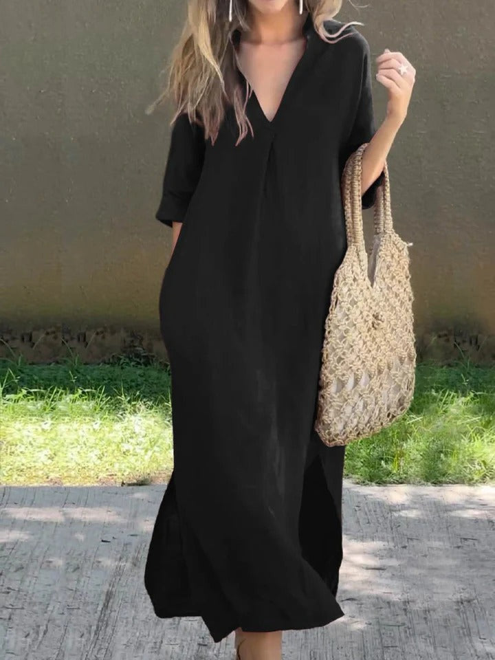 Ishael | Solid V-Neck Long Loose Fit Dress