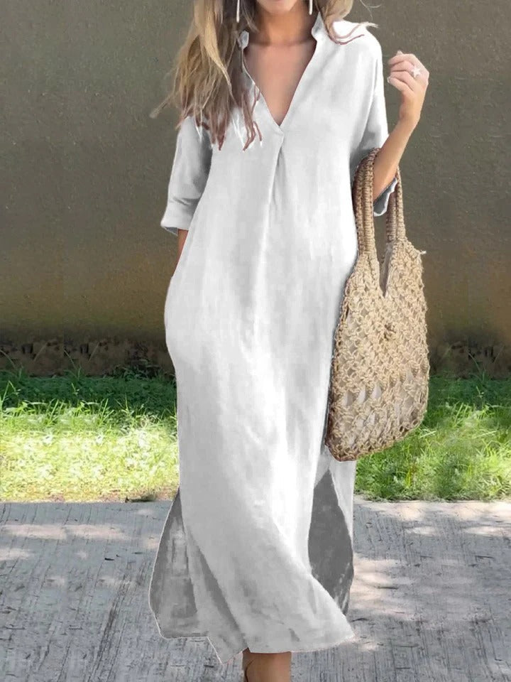 Ishael | Solid V-Neck Long Loose Fit Dress