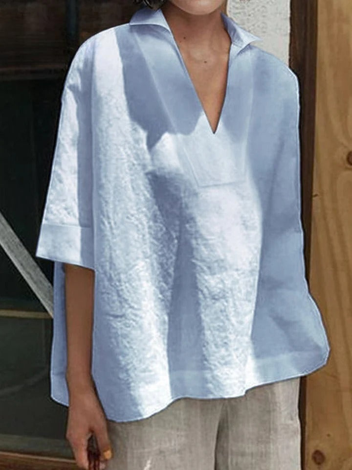 Verena | Solid V-Neck Loose Mid-Sleeve Shirt