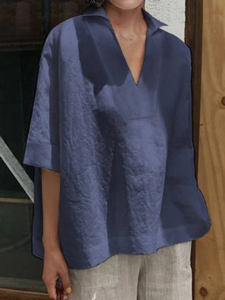 Verena | Solid V-Neck Loose Mid-Sleeve Shirt
