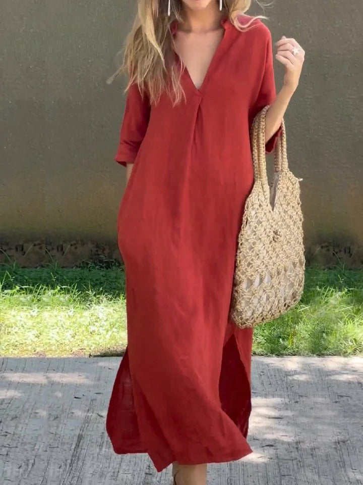 Ishael | Solid V-Neck Long Loose Fit Dress