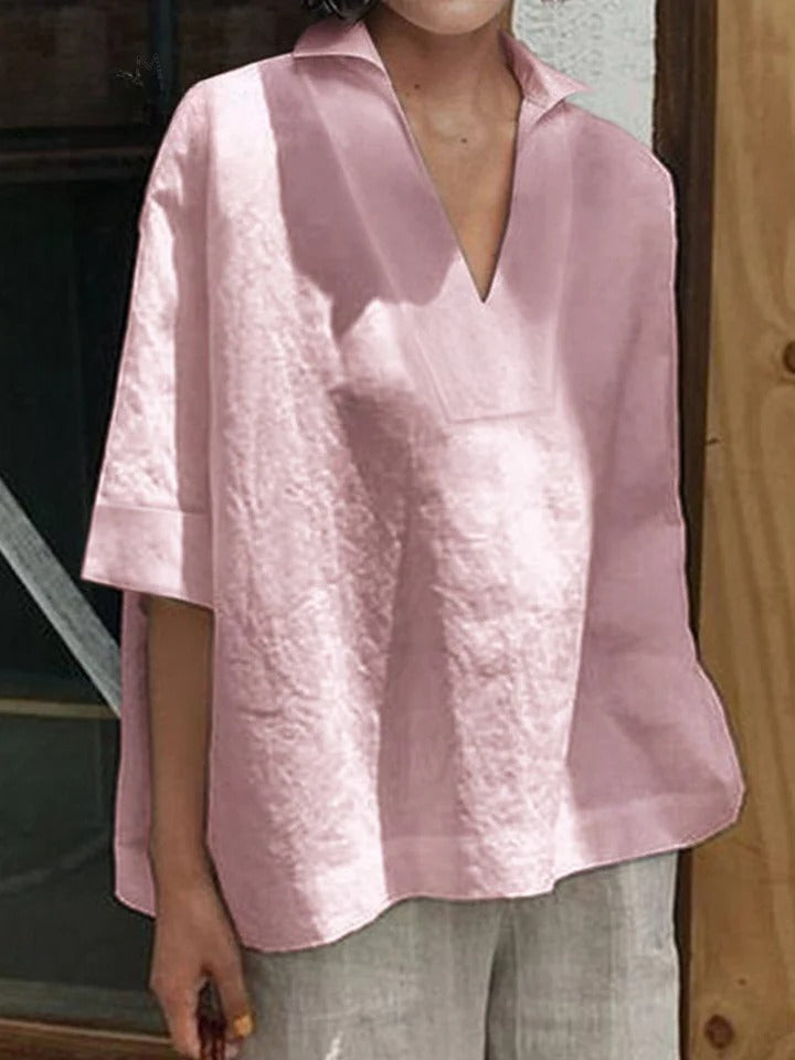 Verena | Solid V-Neck Loose Mid-Sleeve Shirt